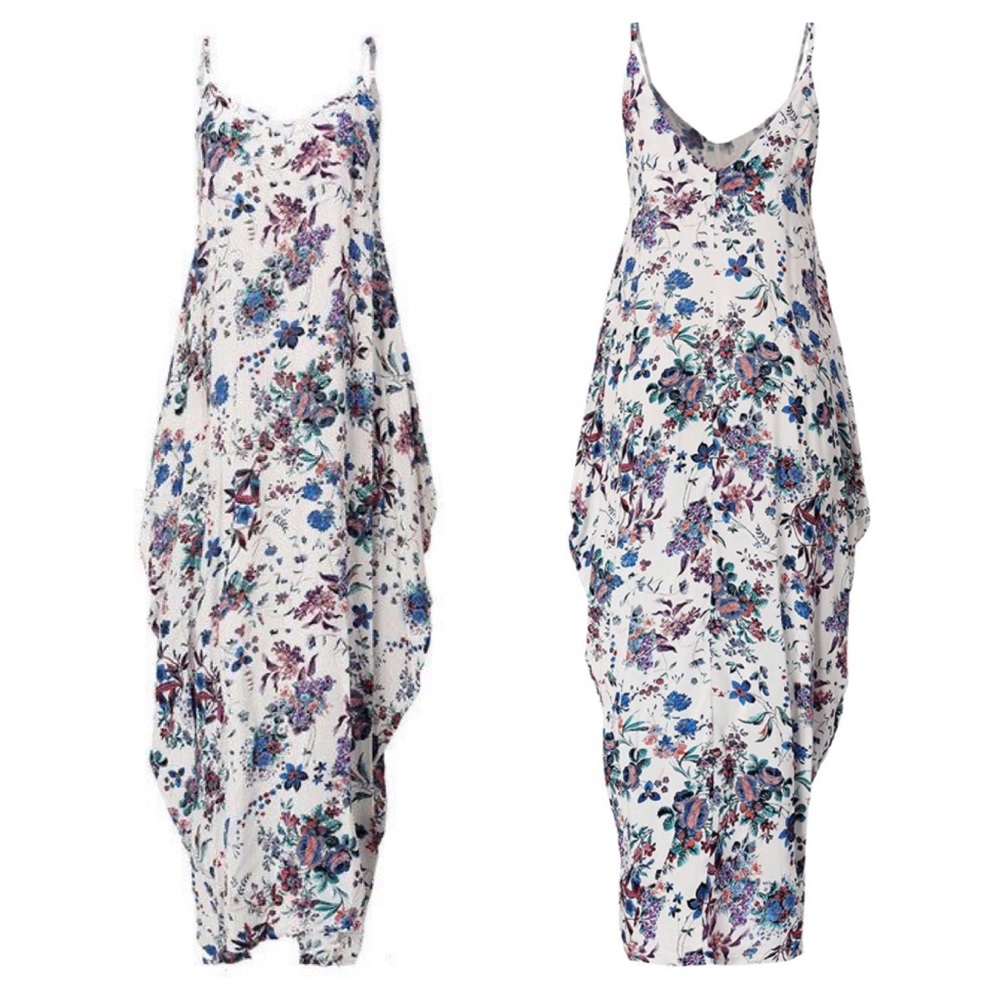 Floral Print V Neck Spaghetti Strap Bubble Maxi Dress with Pockets - Picture 3 of 5